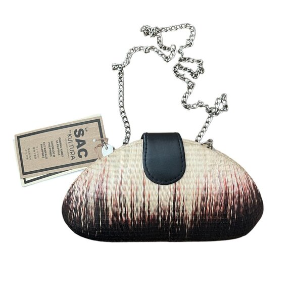 Le Sac For Kultura Small Woven Natural Fibre Hard Case Purse Silver Chain Strap - Picture 1 of 13